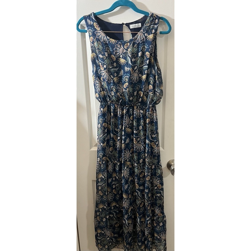 Lara Guidotti Tiered Floral Silk Blend Sleeveless Maxi Dress Navy Women's S